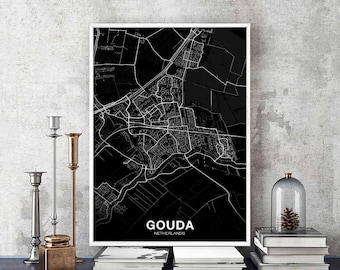 GOUDA Netherlands map poster black white Hometown City Print Modern Home Decor Office Decoration Wall Art Dorm Bedroom Gift