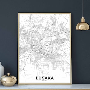LUSAKA zambie carte affiche noir blanc ville natale ville impression moderne décor à la maison bureau décoration mur art dortoir chambre cadeau