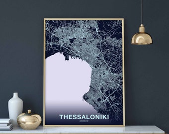 THESSALONIKI Greece night blue poster black white Hometown City Print Modern Home Decor Office Decoration Wall Art Dorm Bedroom Gift