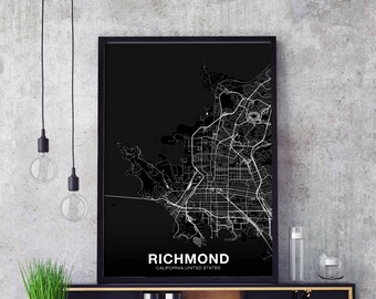 RICHMOND California CA USA map poster black white Hometown City Print Modern Home Decor Office Decoration Wall Art Dorm Bedroom Gift