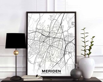 MERIDEN Connecticut CT USA map poster black white Hometown City Print Modern Home Decor Office Decoration Wall Art Dorm Bedroom Gift