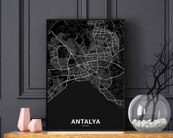 ANTALYA Turkey map poster black white Hometown City Print Modern Home Decor Office Decoration Wall Art Dorm Bedroom Gift