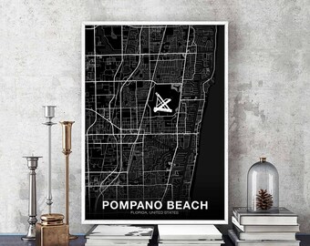 POMPANO BEACH Florida FL usa map poster black white Hometown City Print Modern Home Decor Office Decoration Wall Art Dorm Bedroom Gift