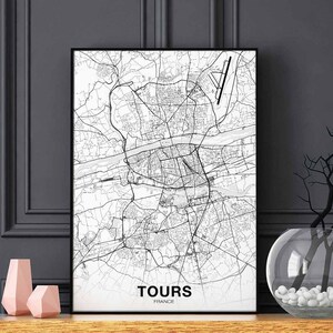TOURS France carte affiche noir blanc ville natale ville impression moderne décor à la maison bureau décoration mur art dortoir chambre cadeau