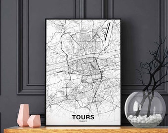 TOURS France map poster black white Hometown City Print Modern Home Decor Office Decoration Wall Art Dorm Bedroom Gift