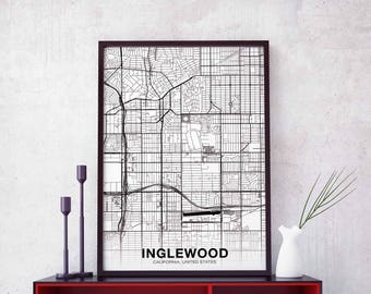 INGLEWOOD California CA USA map poster black white Hometown City Print Modern Home Decor Office Decoration Wall Art Dorm Bedroom Gift