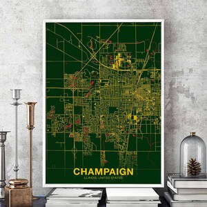 CHAMPAIGN Illinois IL US carte affiche couleur ville natale ville impression moderne décor à la maison bureau décoration mur art dortoir chambre cadeau