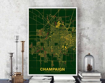 CHAMPAIGN Illinois IL US map poster color Hometown City Print Modern Home Decor Office Decoration Wall Art Dorm Bedroom Gift