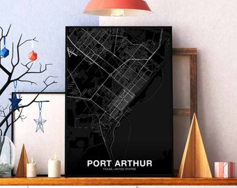 PORT ARTHUR Texas TX usa map poster black white Hometown City Print Modern Home Decor Office Decoration Wall Art Dorm Bedroom Gift