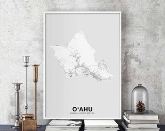 OAHU Island Hawaii HI USA map poster black white Hometown City Print Modern Home Decor Office Decoration Wall Art Dorm Bedroom Gift