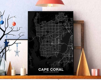 CAPE CORAL Florida FL usa map poster black white Hometown City Print Modern Home Decor Office Decoration Wall Art Dorm Bedroom Gift