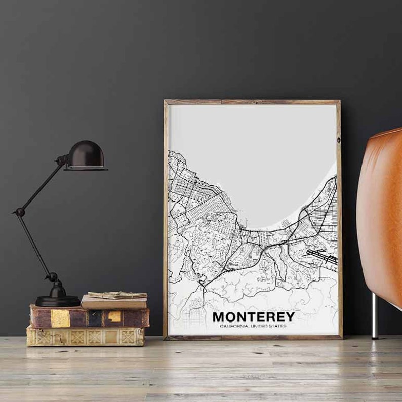 MONTEREY California CA USA map poster black white Hometown City Print Modern Home Decor Office Decoration Wall Art Dorm Bedroom Gift