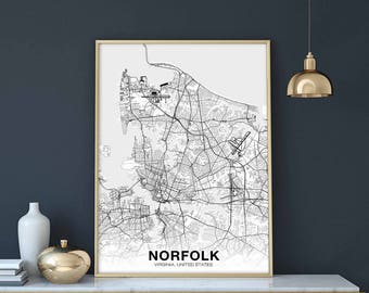 NORFOLK Virginia VA USA map poster black white Hometown City Print Modern Home Decor Office Decoration Wall Art Dorm Bedroom Gift