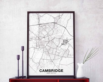 CAMBRIDGE Great Britain UK map poster black white Hometown City Print Modern Home Decor Office Decoration Wall Art Dorm Bedroom Gift