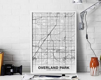 OVERLAND PARK Kansas KS usa map poster black white Hometown City Print Modern Home Decor Office Decoration Wall Art Dorm Bedroom Gift