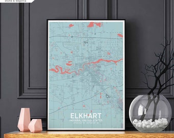 ELKHART Indiana USA map poster black white Hometown City Print Modern Home Decor Office Decoration Wall Art Dorm Bedroom Gift