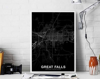 GREAT FALLS Montana MT usa map poster black white Hometown City Print Modern Home Decor Office Decoration Wall Art Dorm Bedroom Gift