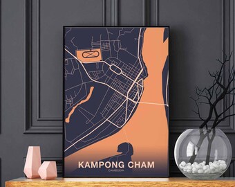 KAMPONG CHAM Cambodia map poster color Hometown City Print Modern Home Decor Office Decoration Wall Art Dorm Bedroom Gift