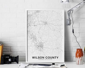 WILSON COUNTY Tennessee TN usa map poster black white  Hometown City Print Modern Home Decor Office Decoration Wall Art Dorm Bedroom Gift