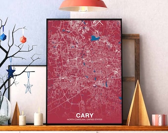 CARY North Carolina NC US map poster color Hometown City Print Modern Home Decor Office Decoration Wall Art Dorm Bedroom Gift