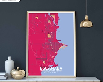 ESCANABA Michigan USA map poster black white Hometown City Print Modern Home Decor Office Decoration Wall Art Dorm Bedroom Gift