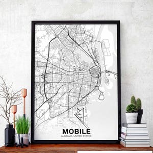 MOBILE Alabama AL USA carte affiche noir blanc ville natale ville impression moderne décor à la maison bureau décoration mur art dortoir chambre cadeau
