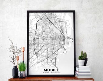 MOBILE Alabama AL USA map poster black white Hometown City Print Modern Home Decor Office Decoration Wall Art Dorm Bedroom Gift