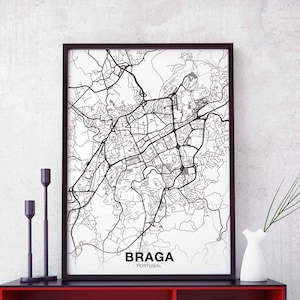 BRAGA Portugal kaart poster zwart wit Woonplaats Stad Print Modern Home Decor Kantoor Decoratie Wall Art Slaapzaal Slaapkamer Cadeau
