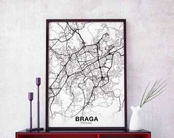 BRAGA Portugal map poster black white Hometown City Print Modern Home Decor Office Decoration Wall Art Dorm Bedroom Gift
