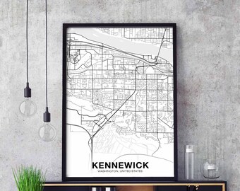 KENNEWICK Washington WA USA map poster black white  Hometown City Print Modern Home Decor Office Decoration Wall Art Dorm Bedroom Gift