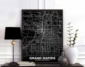 GRAND RAPIDS Michigan MI usa map poster black white Hometown City Print Modern Home Decor Office Decoration Wall Art Dorm Bedroom Gift