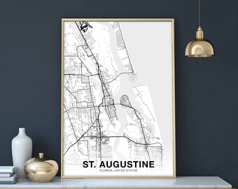ST AUGUSTINE Florida FL usa map poster black white Hometown City Print Modern Home Decor Office Decoration Wall Art Dorm Bedroom Gift