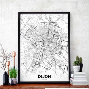 DIJON France carte affiche noir blanc ville natale ville impression moderne décor à la maison bureau décoration mur art dortoir chambre cadeau