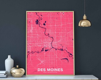 DES MOINES Iowa USA map poster color Hometown City Print Modern Home Decor Office Decoration Wall Art Dorm Bedroom Gift art