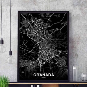 GRENADE espagne carte affiche noir blanc ville natale ville impression moderne décor à la maison bureau décoration mur art dortoir chambre cadeau