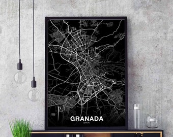 GRANADA Spain map poster black white Hometown City Print Modern Home Decor Office Decoration Wall Art Dorm Bedroom Gift