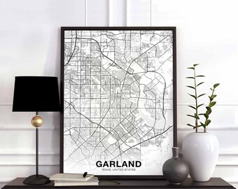 GARLAND Texas TX USA map poster black white Hometown City Print Modern Home Decor Office Decoration Wall Art Dorm Bedroom Gift