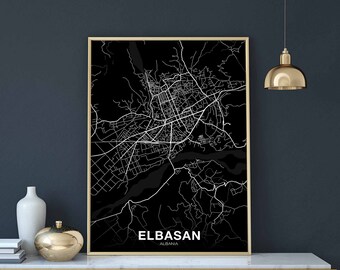 ELBASAN Albania map poster black white Hometown City Print Modern Home Decor Office Decoration Wall Art Dorm Bedroom Gift
