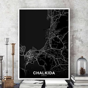 CHALKIDA Griechenland Karte Poster schwarz weiß Heimatstadt Stadt Print Modernes Wohndekor Büro Dekoration Wand Kunst Wohnheim Schlafzimmer Geschenk