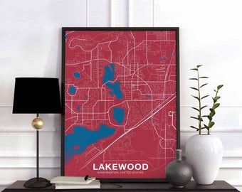 LAKEWOOD Washington WA USA map poster color Hometown City Print Modern Home Decor Office Decoration Wall Art Dorm Bedroom Gift