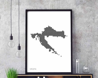 CROATIA minimal dots retro map poster black white wall decor design modern swiss scandinavian nordic housewarming travel