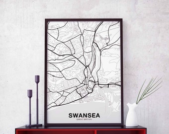 SWANSEA Great Britain UK map poster Hometown City Print Modern Home Decor Office Decoration Wall Art Dorm Bedroom Gift