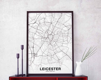 LEICESTER Great Britain UK map poster black white Hometown City Print Modern Home Decor Office Decoration Wall Art Dorm Bedroom Gift