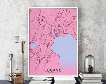 LUGANO Switzerland map poster color Hometown City Print Modern Home Decor Office Decoration Wall Art Dorm Bedroom Gift