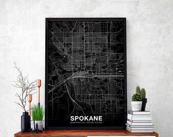 SPOKANE Washington WA USA map poster black white Hometown City Print Modern Home Decor Office Decoration Wall Art Dorm Bedroom Gift
