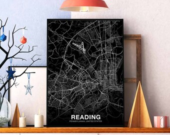 READING Pennsylvania PA USA map poster black white Hometown City Print Modern Home Decor Office Decoration Wall Art Dorm Bedroom Gift