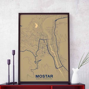 MOSTAR bosniaque carte affiche couleur ville natale ville impression moderne décor à la maison bureau décoration mur art dortoir chambre cadeau