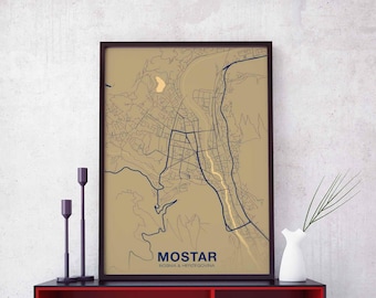 MOSTAR Bosnia & Herzegovina map poster color Hometown City Print Modern Home Decor Office Decoration Wall Art Dorm Bedroom Gift