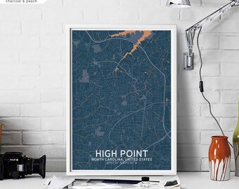 HIGH POINT North Carolina usa map poster black white Hometown City Print Modern Home Decor Office Decoration Wall Art Dorm Bedroom Gift