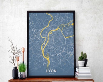 LYON France map DENIM BLUE poster Hometown City Print Modern Home Decor Office Decoration Wall Art Dorm Bedroom Gift